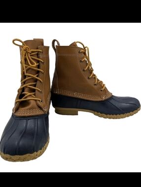L.L. Bean 8" Bean Boots Women's 9M Tan Navy Made in Maine Duck Boot